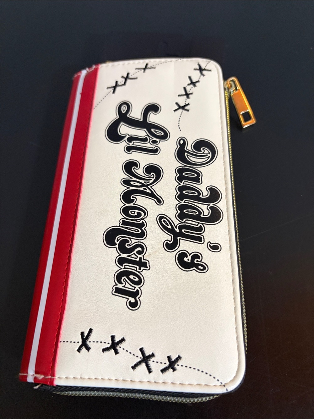 White and Red Zip Wallet - Daddy's Lil Monster Graphic